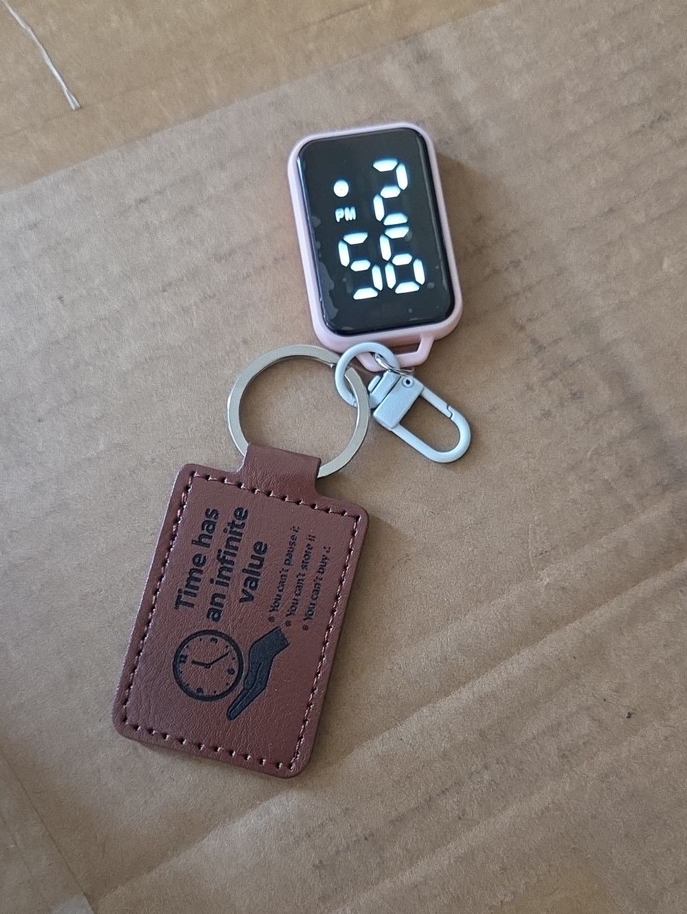 HOME MADE Pink LED Keychain Watch with Brown Faux Leather Keytag